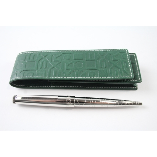 469 - ROLEX Silver Tone Wave Ballpoint Pen / Biro WRITING In Leather Green Pouch