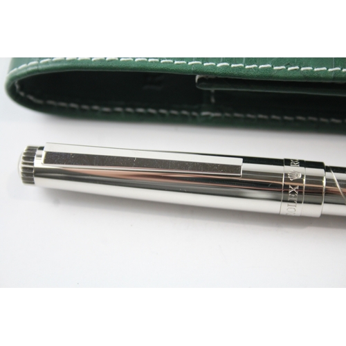 469 - ROLEX Silver Tone Wave Ballpoint Pen / Biro WRITING In Leather Green Pouch