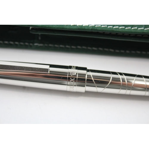 469 - ROLEX Silver Tone Wave Ballpoint Pen / Biro WRITING In Leather Green Pouch