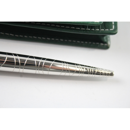 469 - ROLEX Silver Tone Wave Ballpoint Pen / Biro WRITING In Leather Green Pouch