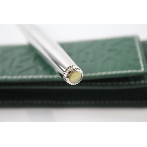 469 - ROLEX Silver Tone Wave Ballpoint Pen / Biro WRITING In Leather Green Pouch