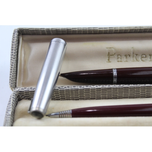 478 - Vintage Parker 51 Burgundy Fountain Pen w/ 14ct Gold Nib WRITING Boxed