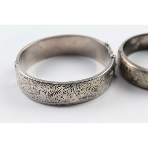 257 - Collection of Sterling Silver Bangles inc. Mid Century, Etched, Floral x 2 56g