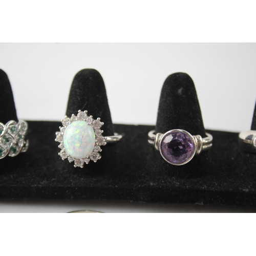 268 - Collection of Sterling Silver Gemstone Rings inc. Emerald, Diamond, Opal x 8 46g