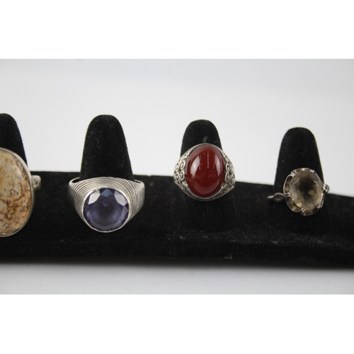 294 - Collection of Sterling Silver Gemstone Rings inc. Jasper. Carnelian x 6 57g