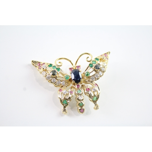 254 - Gold on Sterling Silver Gemstone Butterfly Brooch inc. Emerald, Sapphire 6g