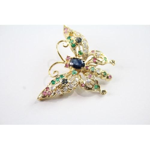 254 - Gold on Sterling Silver Gemstone Butterfly Brooch inc. Emerald, Sapphire 6g