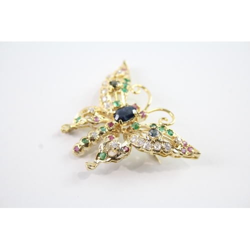 254 - Gold on Sterling Silver Gemstone Butterfly Brooch inc. Emerald, Sapphire 6g