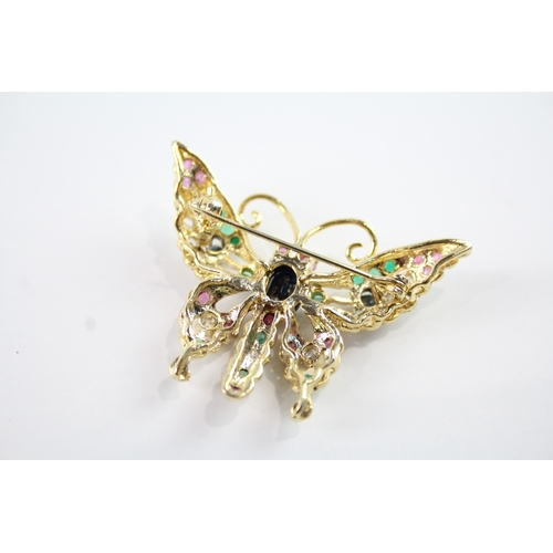 254 - Gold on Sterling Silver Gemstone Butterfly Brooch inc. Emerald, Sapphire 6g