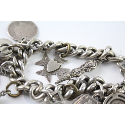 262 - Antique Sterling Silver Watch Chain Conversion Charm Bracelet 118g