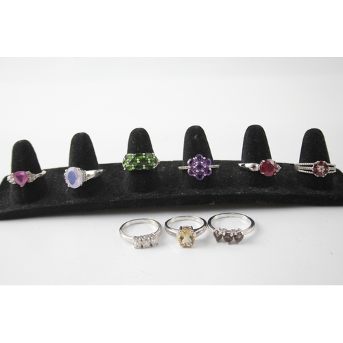 273 - Collection of Sterling Silver Gemstone Rings inc. Quartz, Diopside, Ruby x 9 33g