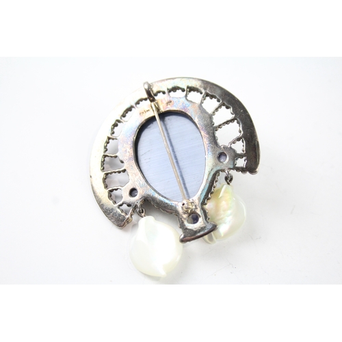 283 - Sajen Sterling Silver Carved Gemstone Brooch 31g