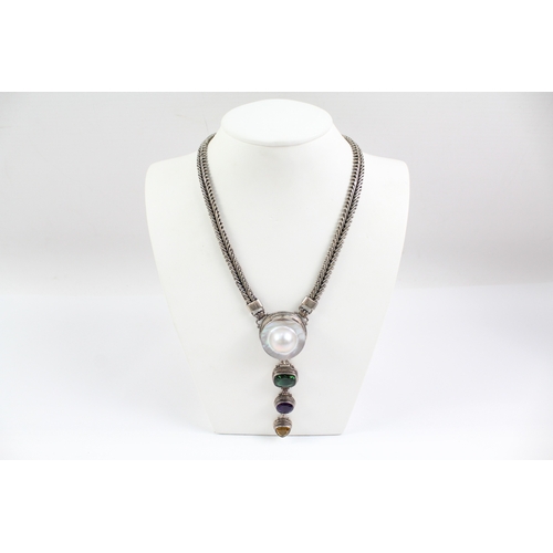 312 - Sterling Silver Gemstone Y-Drop Necklace inc. Pearl, Amethyst 75g