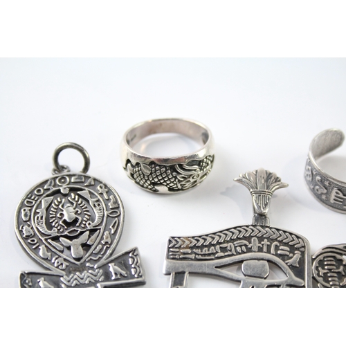 255 - Collection of Silver Jewellery inc. Egyptian Revival, Dragon x 6 48g