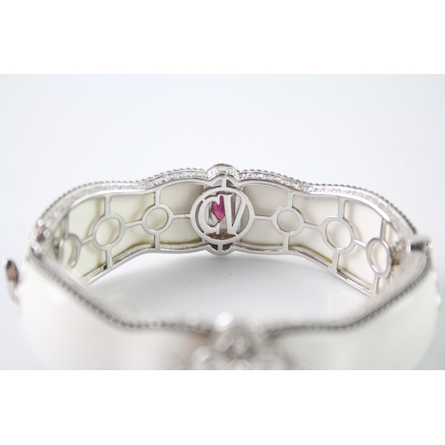 276 - Sterling Silver White Panel & Ruby Bangle Signed CV 63g