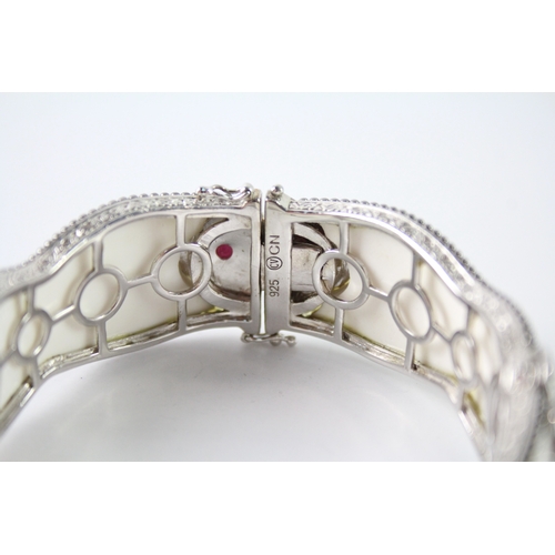 276 - Sterling Silver White Panel & Ruby Bangle Signed CV 63g