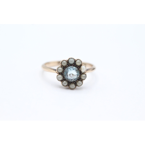 126 - 9ct gold antique blue paste, seed pearl & faux pearl halo ring (2.6g) Size P