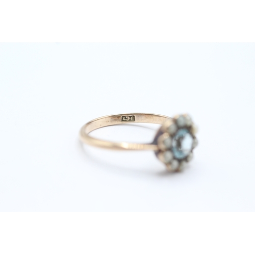 126 - 9ct gold antique blue paste, seed pearl & faux pearl halo ring (2.6g) Size P