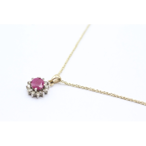 141 - 9ct gold ruby & diamond cluster pendant necklace (1.8g)