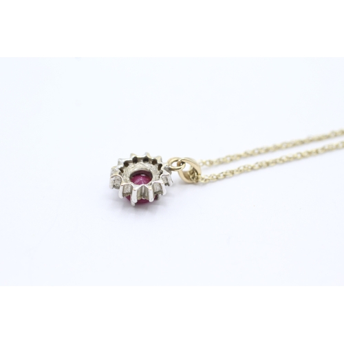 141 - 9ct gold ruby & diamond cluster pendant necklace (1.8g)