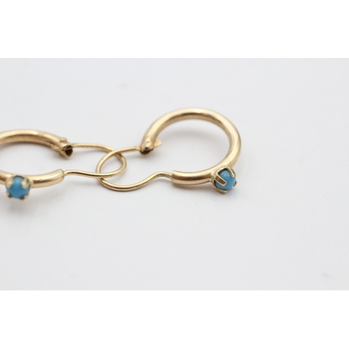 156 - 14ct gold turquoise hoop earrings (1.2g)