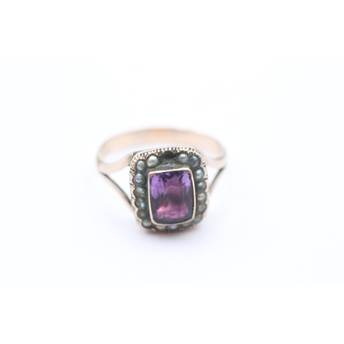 17 - 9ct gold antique foiled back amethyst & seed pearl dress ring (3.8g) Size Q