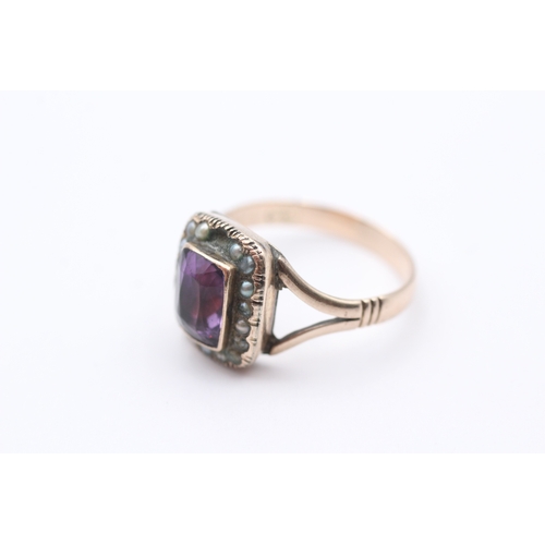 17 - 9ct gold antique foiled back amethyst & seed pearl dress ring (3.8g) Size Q