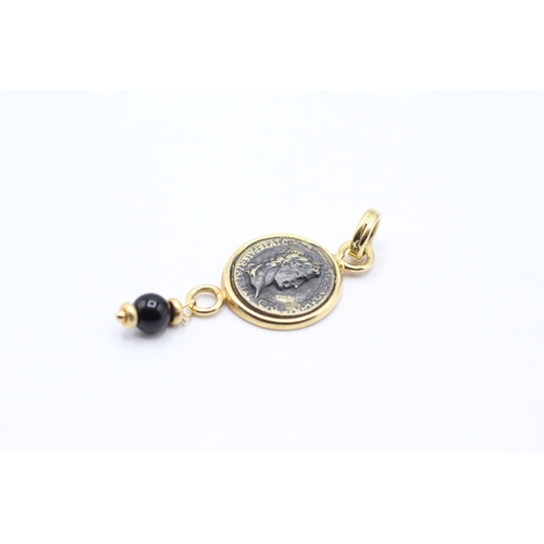 183 - 9ct gold old coin and onyx bead drop pendant (1.8g)