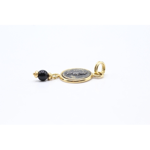 183 - 9ct gold old coin and onyx bead drop pendant (1.8g)