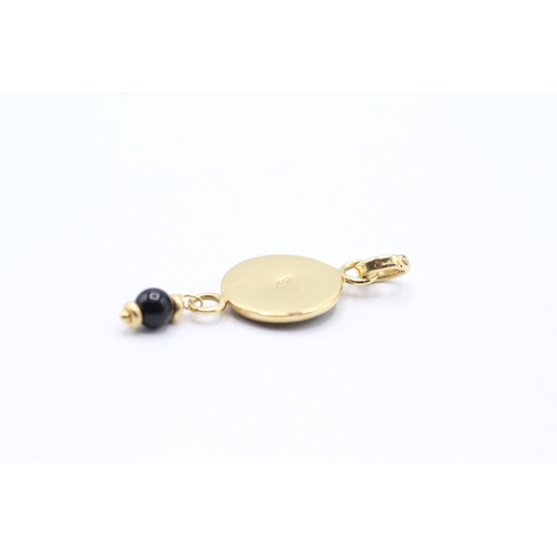 183 - 9ct gold old coin and onyx bead drop pendant (1.8g)