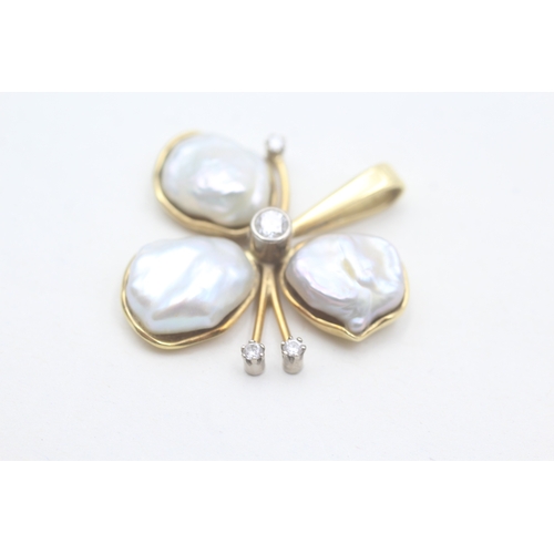 2 - 18ct gold baroque pearl & diamond three leaf clover (10.7g)