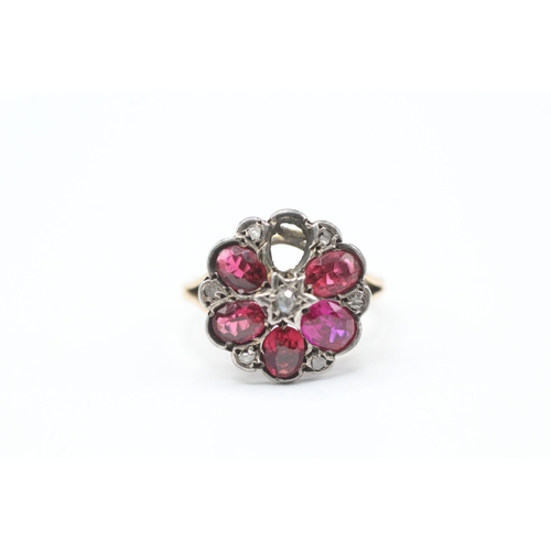 247 - 9ct gold & silver diamond, garnet topped doublet, paste & synthetic ruby floral cluster ring - as se... 