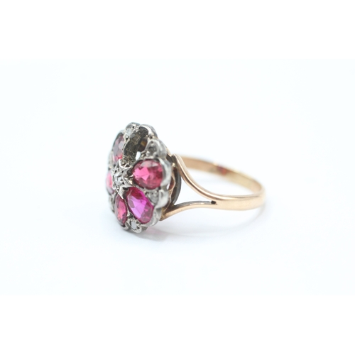 247 - 9ct gold & silver diamond, garnet topped doublet, paste & synthetic ruby floral cluster ring - as se... 