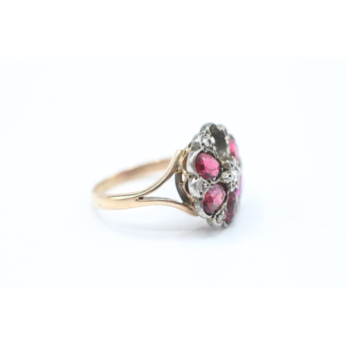 247 - 9ct gold & silver diamond, garnet topped doublet, paste & synthetic ruby floral cluster ring - as se... 