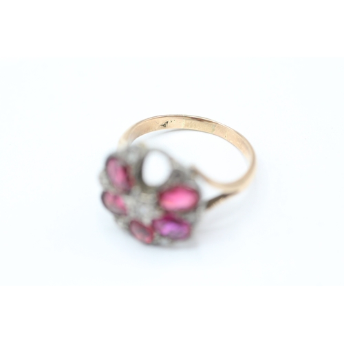 247 - 9ct gold & silver diamond, garnet topped doublet, paste & synthetic ruby floral cluster ring - as se... 