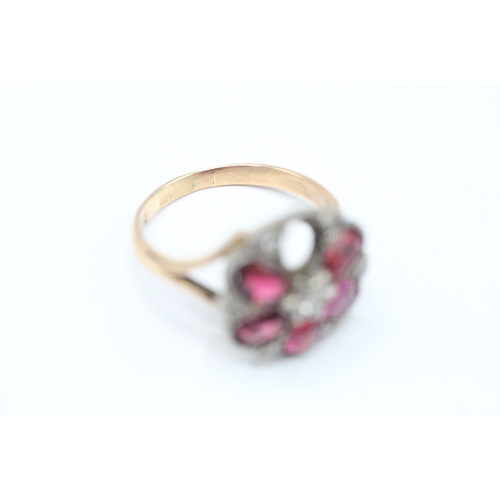 247 - 9ct gold & silver diamond, garnet topped doublet, paste & synthetic ruby floral cluster ring - as se... 