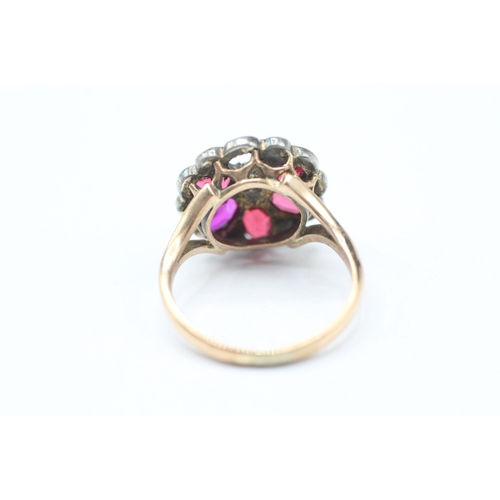 247 - 9ct gold & silver diamond, garnet topped doublet, paste & synthetic ruby floral cluster ring - as se... 