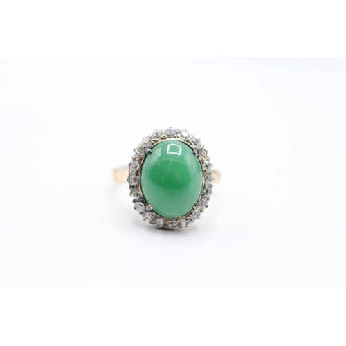 3 - 14ct gold jade & white zircon oval halo ring (6.7g) Size P