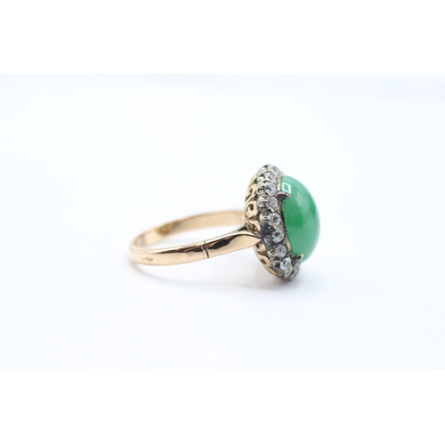 3 - 14ct gold jade & white zircon oval halo ring (6.7g) Size P