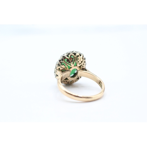 3 - 14ct gold jade & white zircon oval halo ring (6.7g) Size P