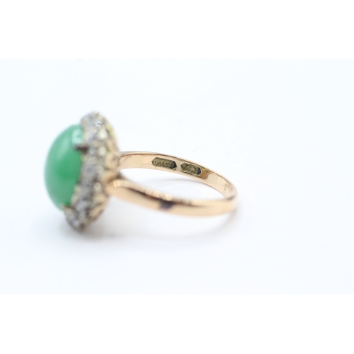 3 - 14ct gold jade & white zircon oval halo ring (6.7g) Size P