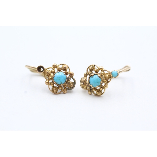 36 - 18ct gold and turquoise lever back earrings (2.8g) as seen - misshapen