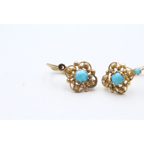 36 - 18ct gold and turquoise lever back earrings (2.8g) as seen - misshapen