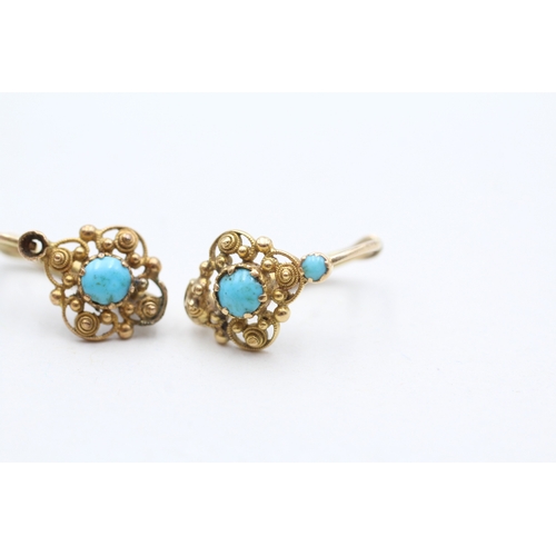 36 - 18ct gold and turquoise lever back earrings (2.8g) as seen - misshapen