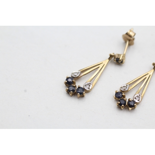 49 - 9ct gold sapphire & diamond drop earrings (1.5g)