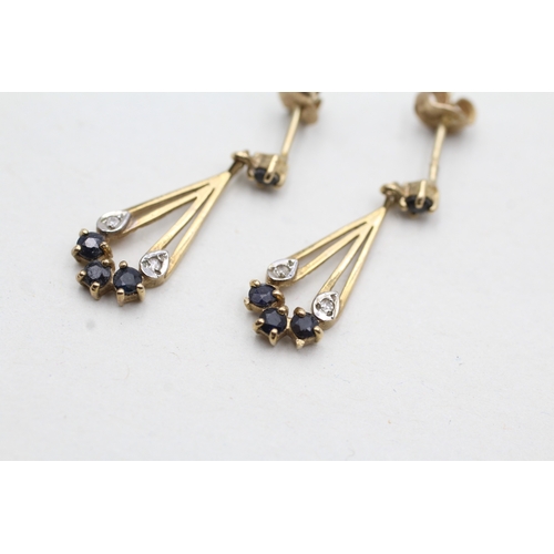 49 - 9ct gold sapphire & diamond drop earrings (1.5g)