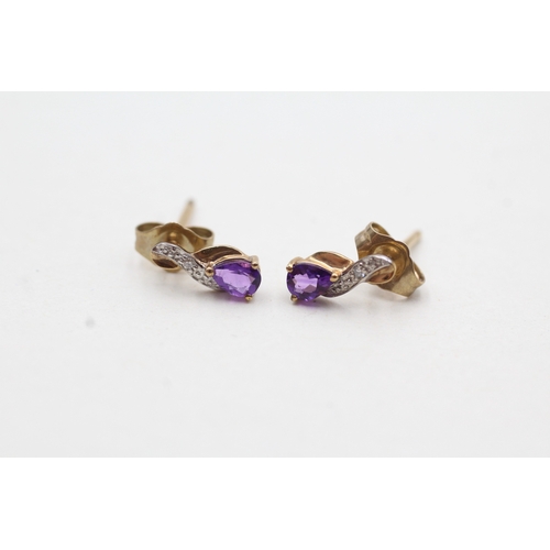 56 - 9ct gold amethyst & diamond drop earrings (0.7g)