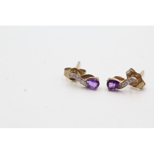 56 - 9ct gold amethyst & diamond drop earrings (0.7g)