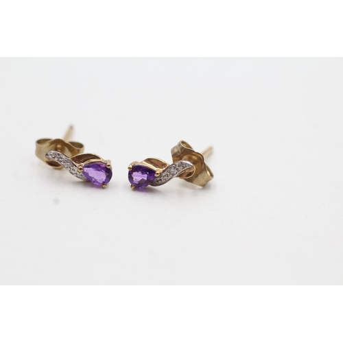 56 - 9ct gold amethyst & diamond drop earrings (0.7g)