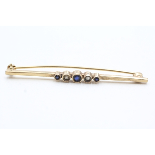 75 - 9ct gold vintage sapphire & diamond bar brooch (2.9g)